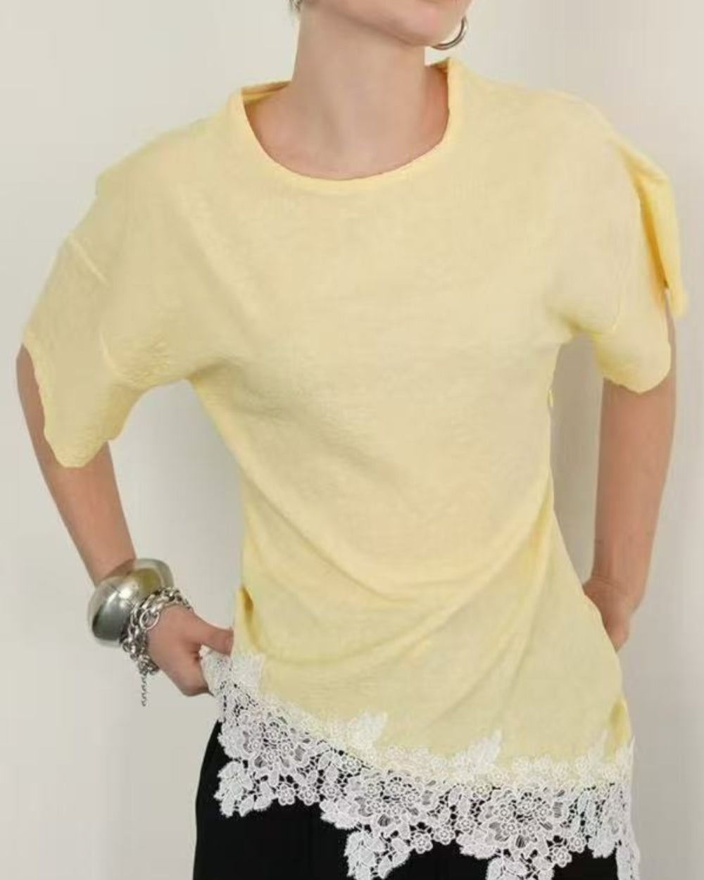 Lace Trim Asymmetrical Tee - Zilvina