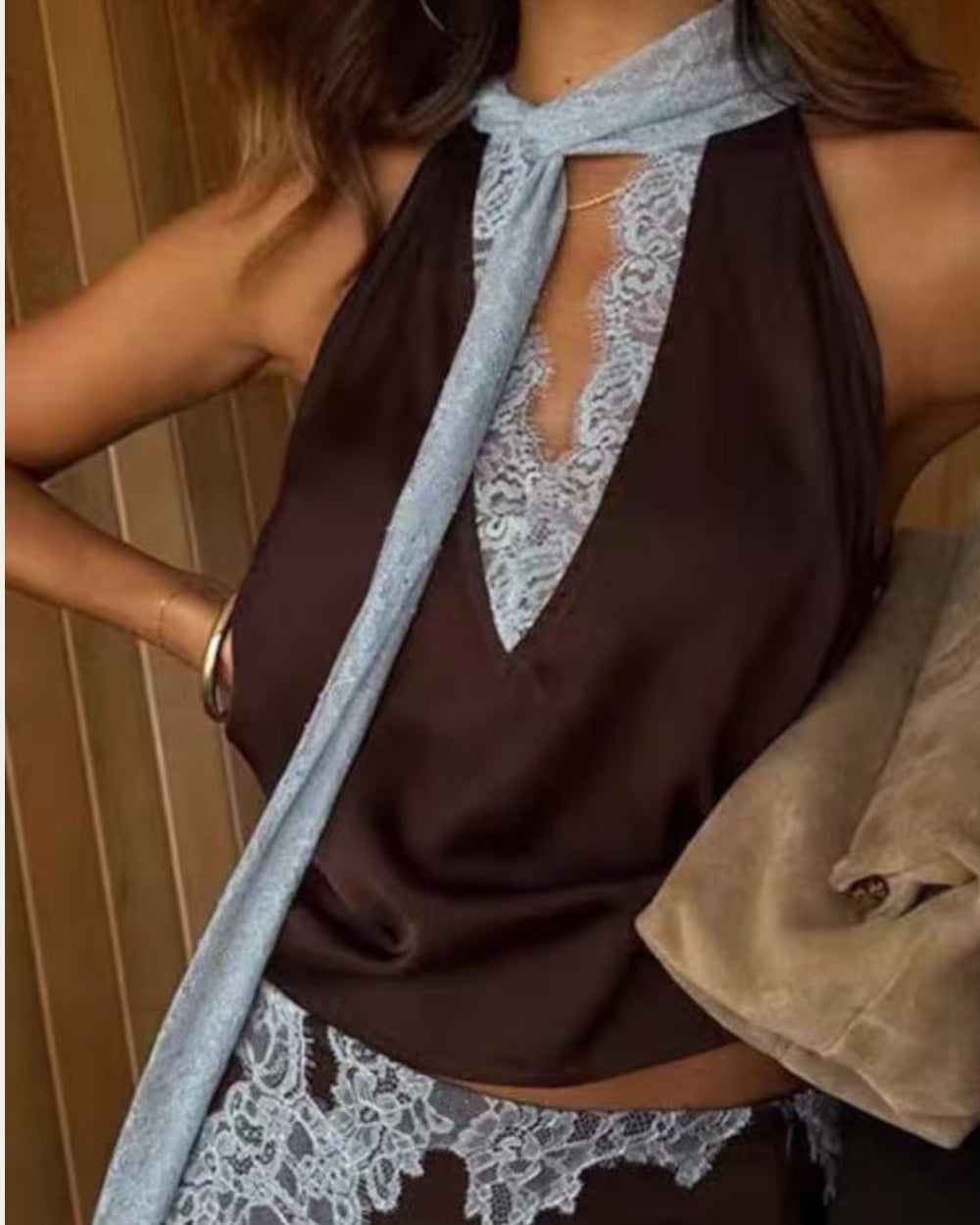 Lace Trim Scarf Halter Top - Zilvina