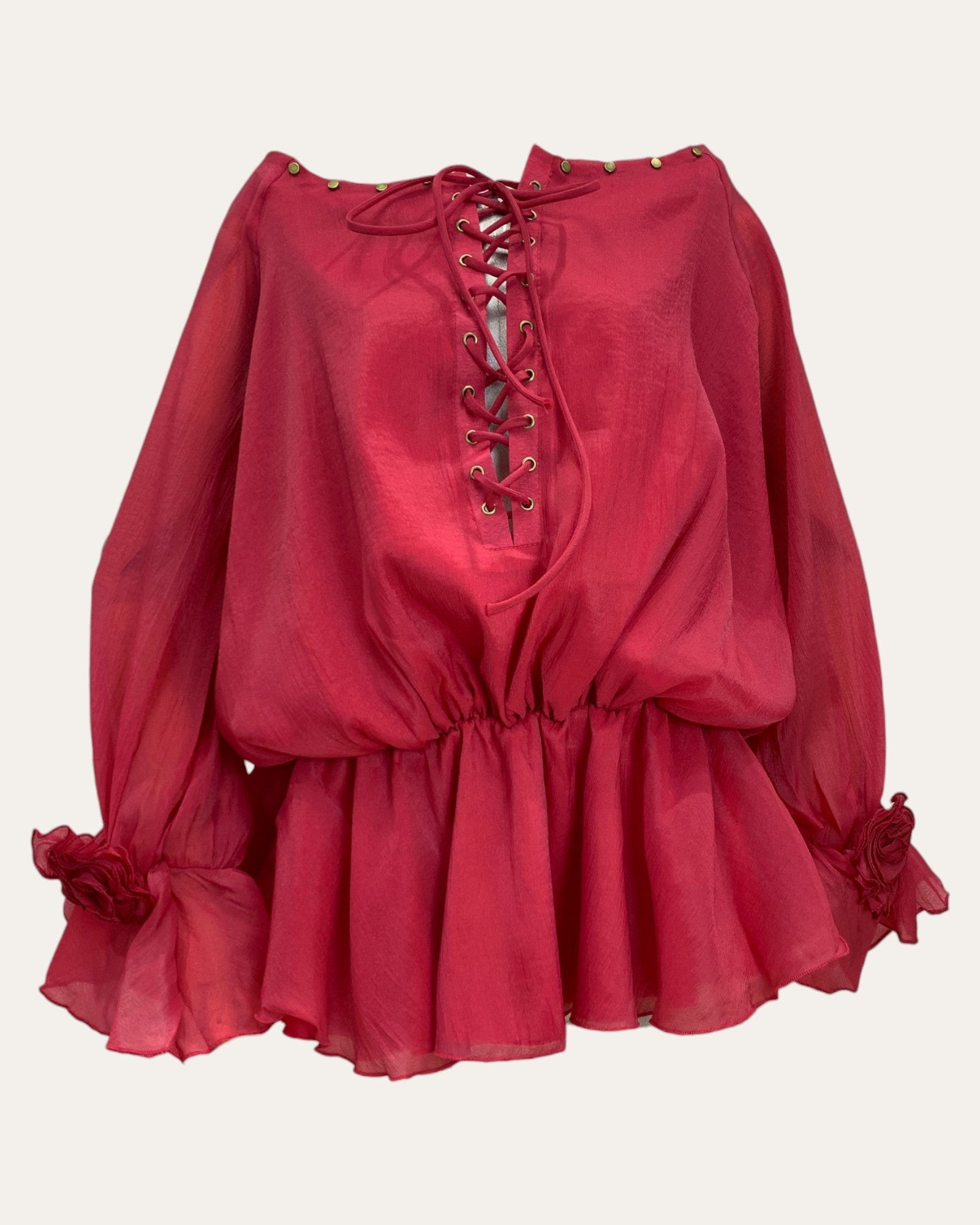 Lace - Up Ruffle Hem Off - Shoulder Dress with Rose Appliqué - Zilvina