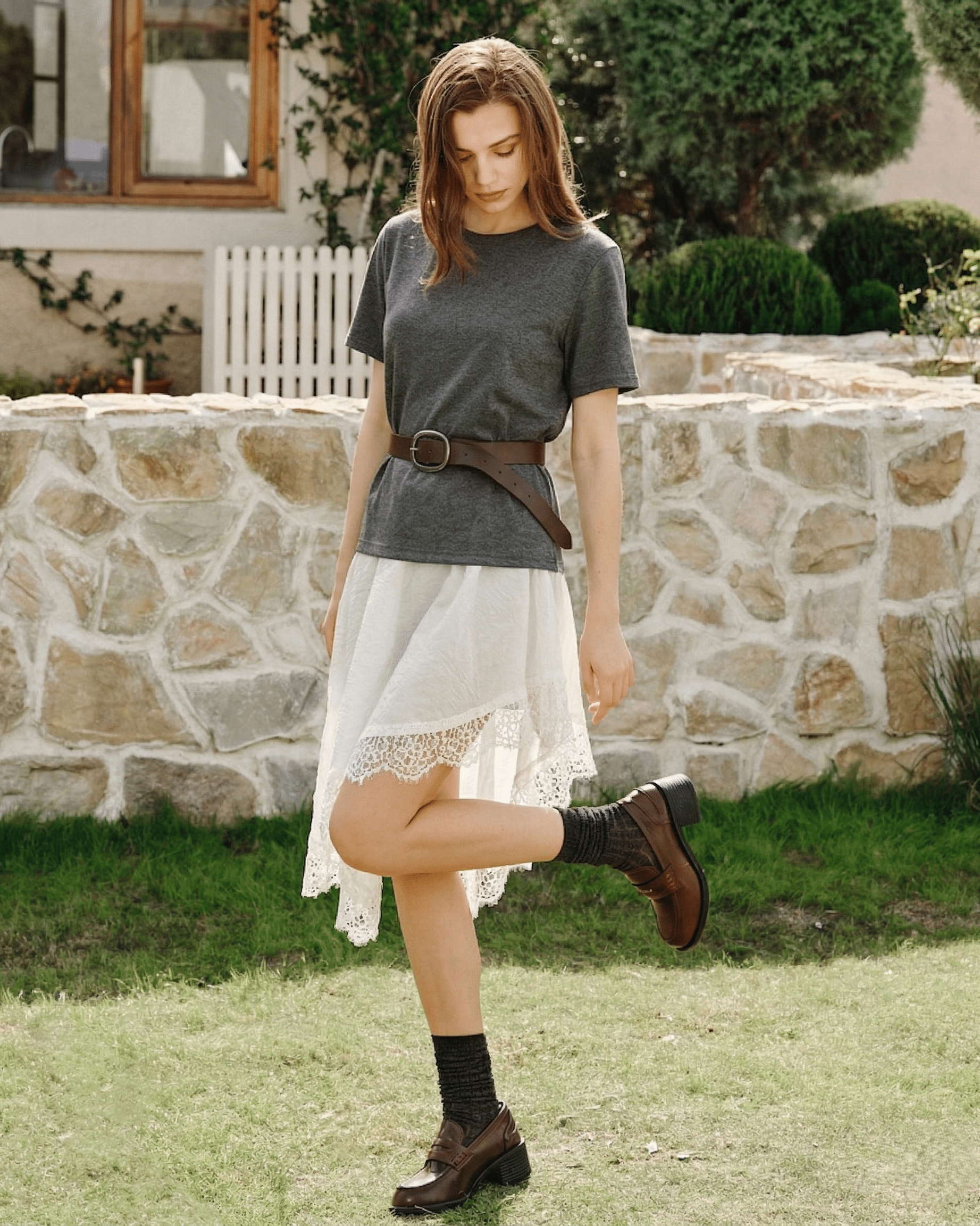 Layered Lace Panel T-Shirt Dress - Zilvina