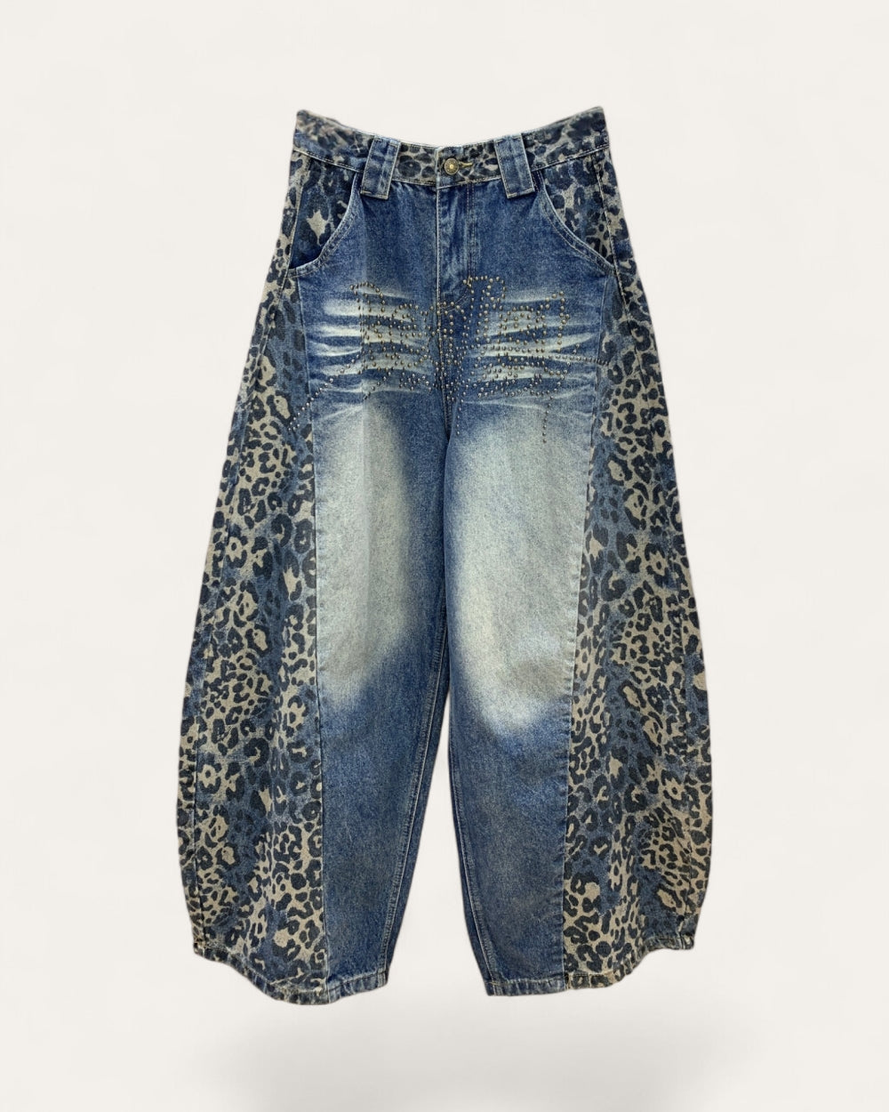 Leopard Panel Rhinestone Wide Leg Jeans - Zilvina