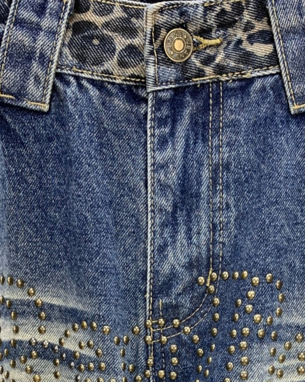 Leopard Panel Rhinestone Wide Leg Jeans - Zilvina