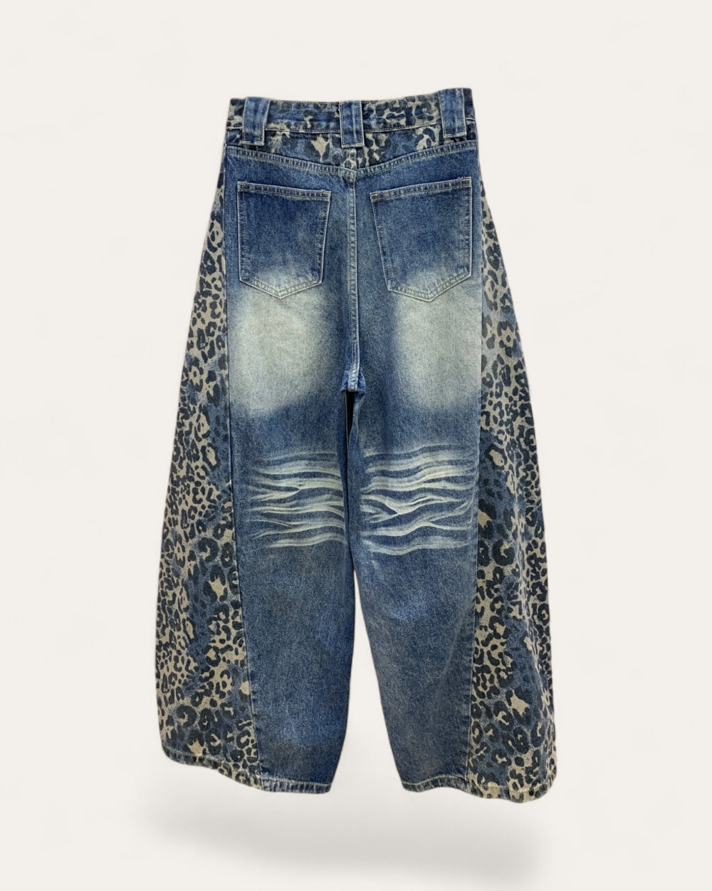 Leopard Panel Rhinestone Wide Leg Jeans - Zilvina