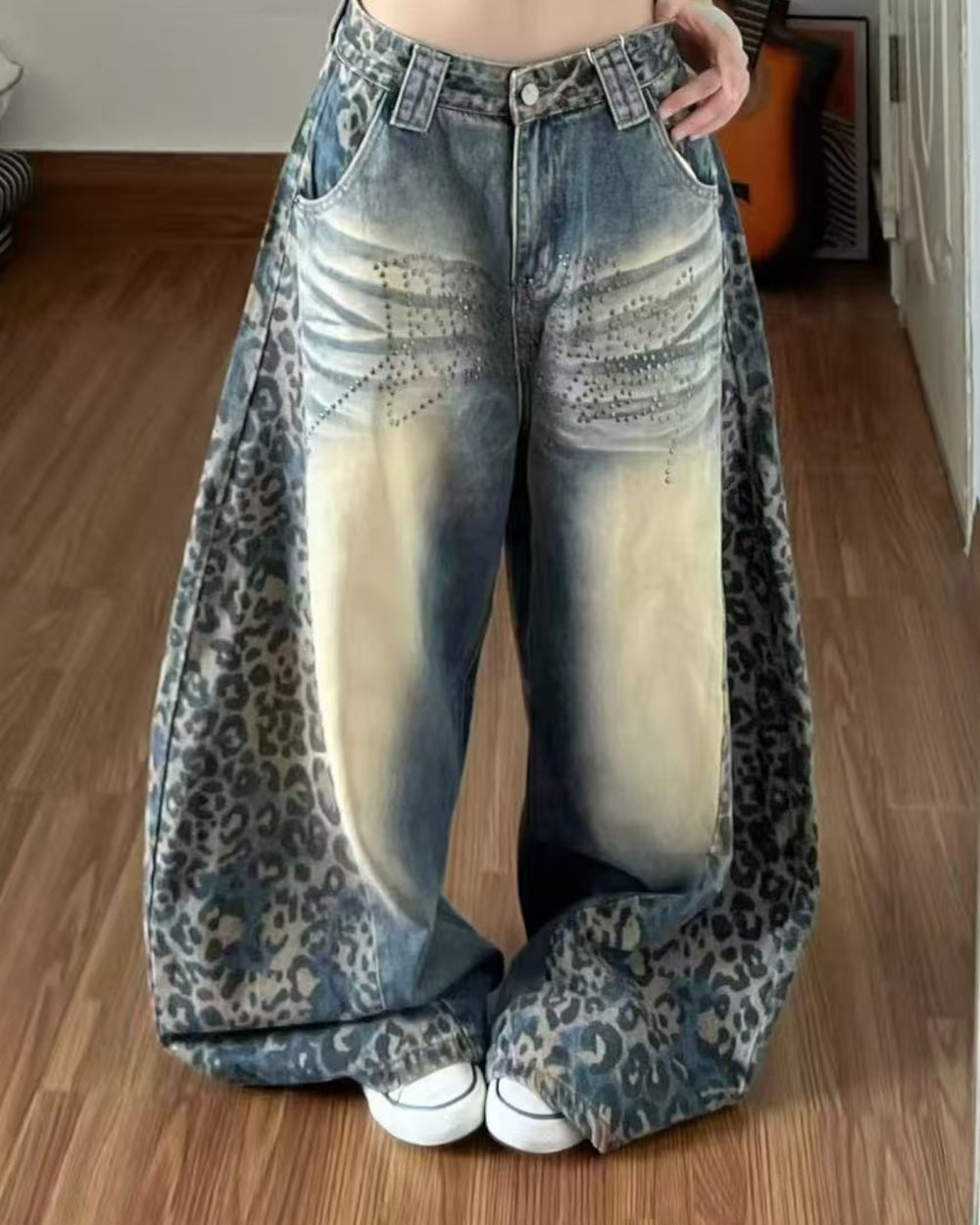 Leopard Panel Rhinestone Wide Leg Jeans - Zilvina