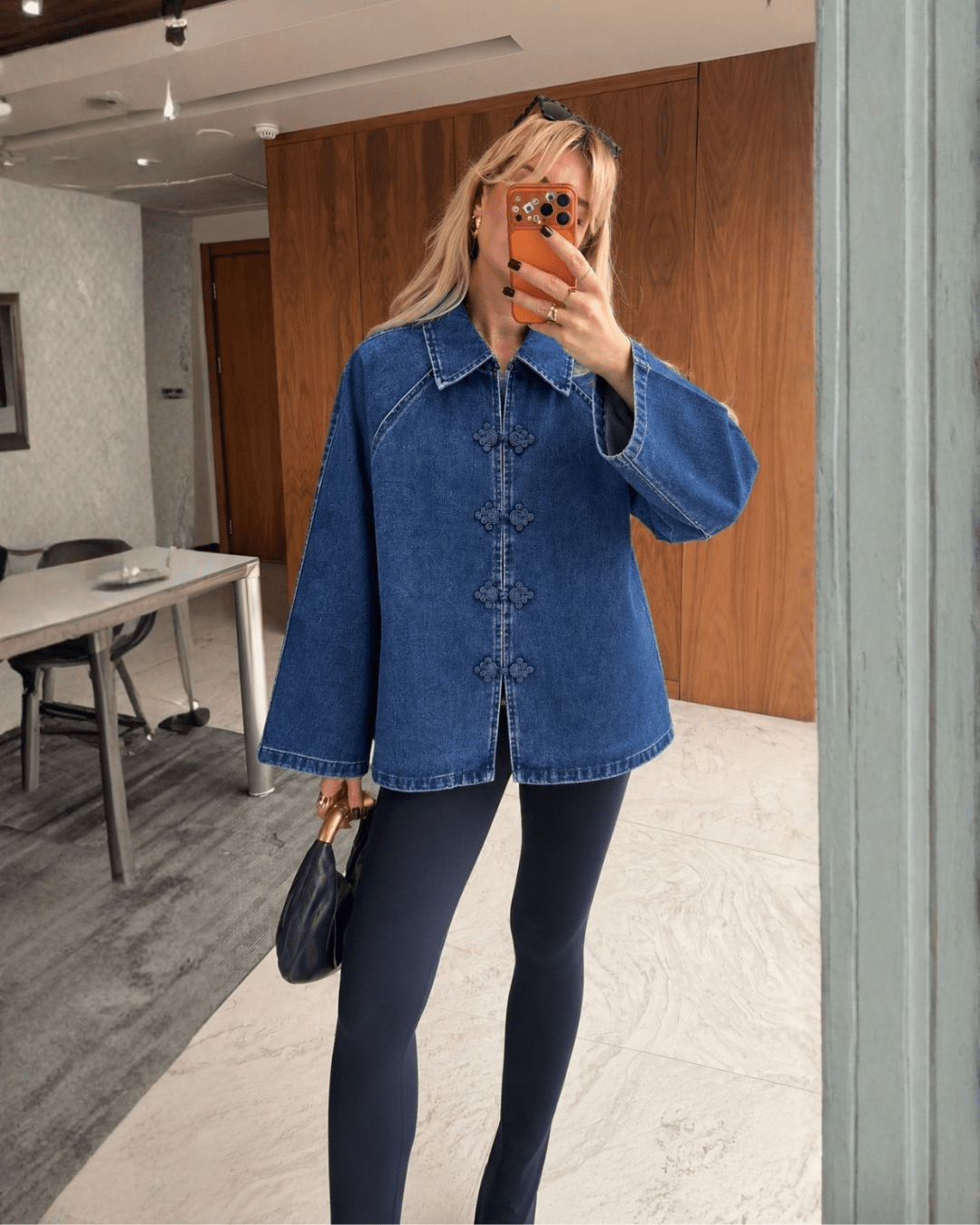 Mandarin Frog-Closure Denim Overshirt - Zilvina