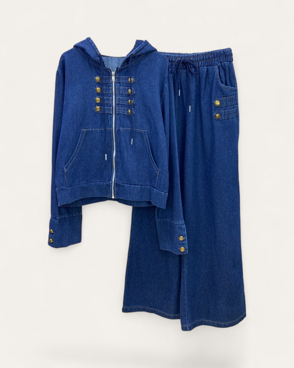 Military Button Hooded Denim Set - Zilvina
