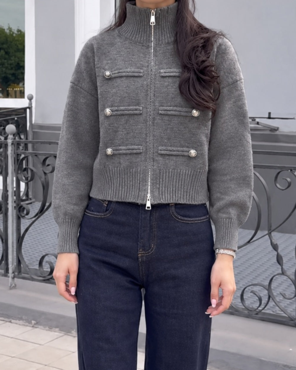 Military Button Knit Zip Cardigan - Zilvina