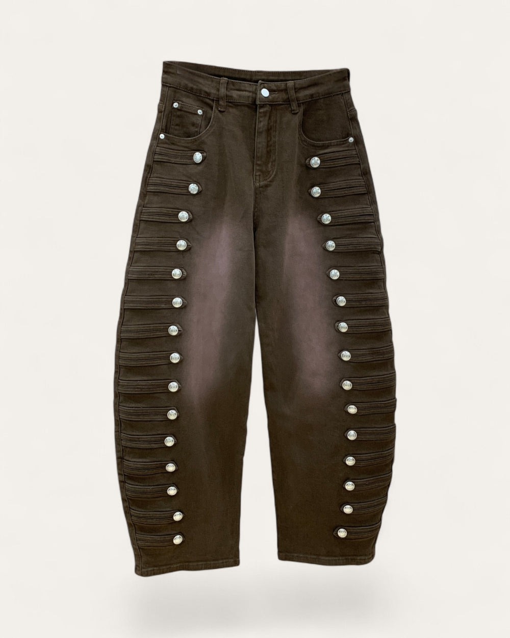 Military Button Trim Barrel Leg Denim Jeans - Zilvina