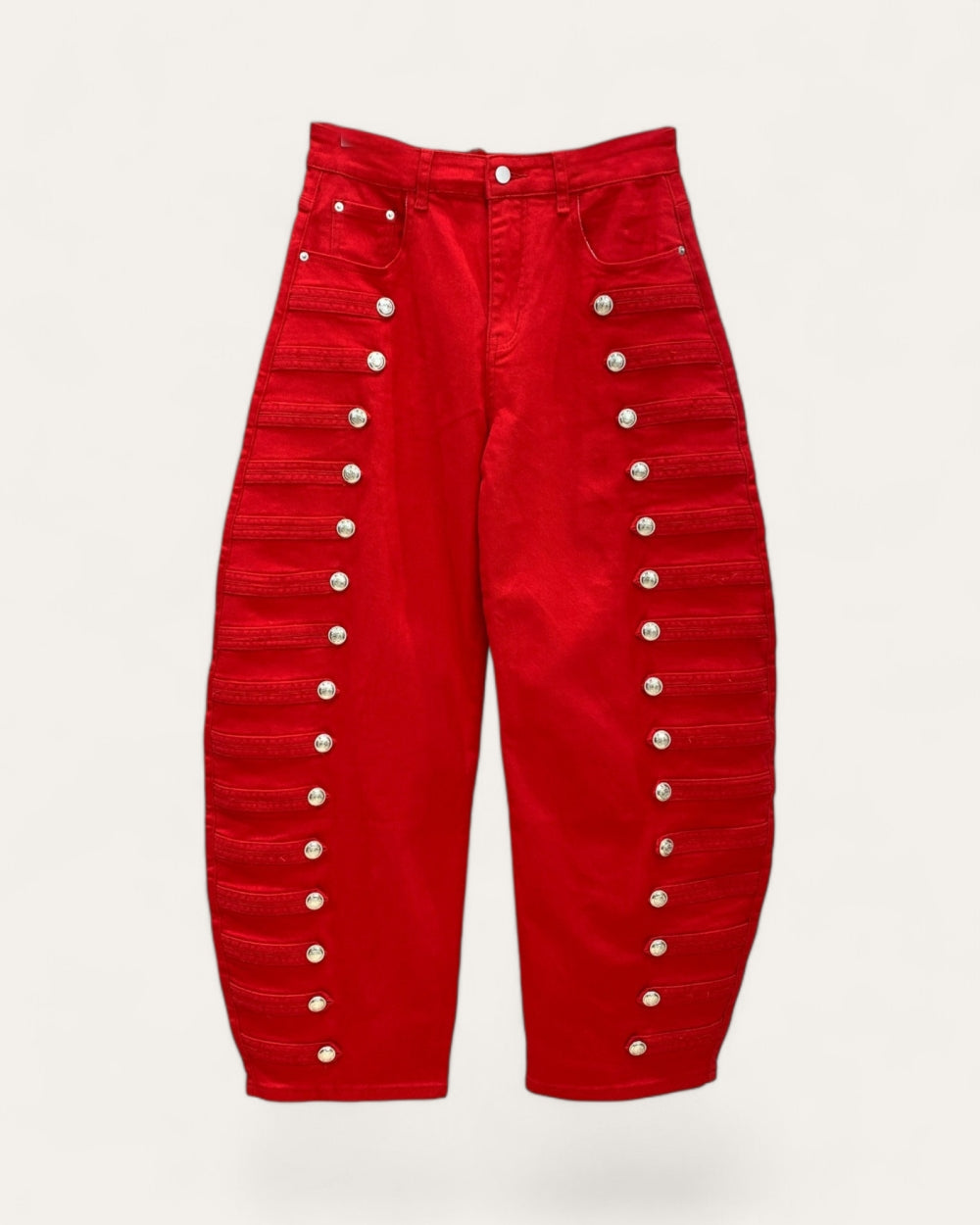 Military Button Trim Barrel Leg Denim Jeans - Zilvina