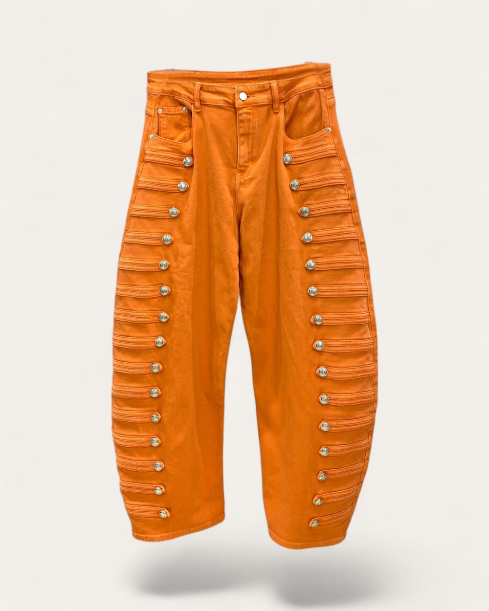 Military Button Trim Barrel Leg Denim Jeans - Zilvina