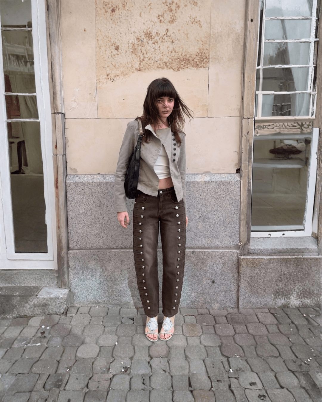 Military Button Trim Barrel Leg Denim Jeans - Zilvina