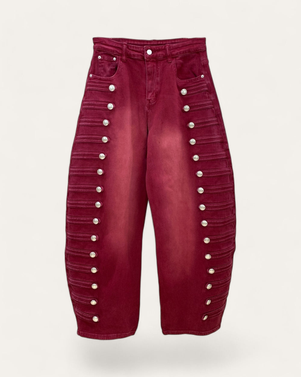 Military Button Trim Barrel Leg Denim Jeans - Zilvina