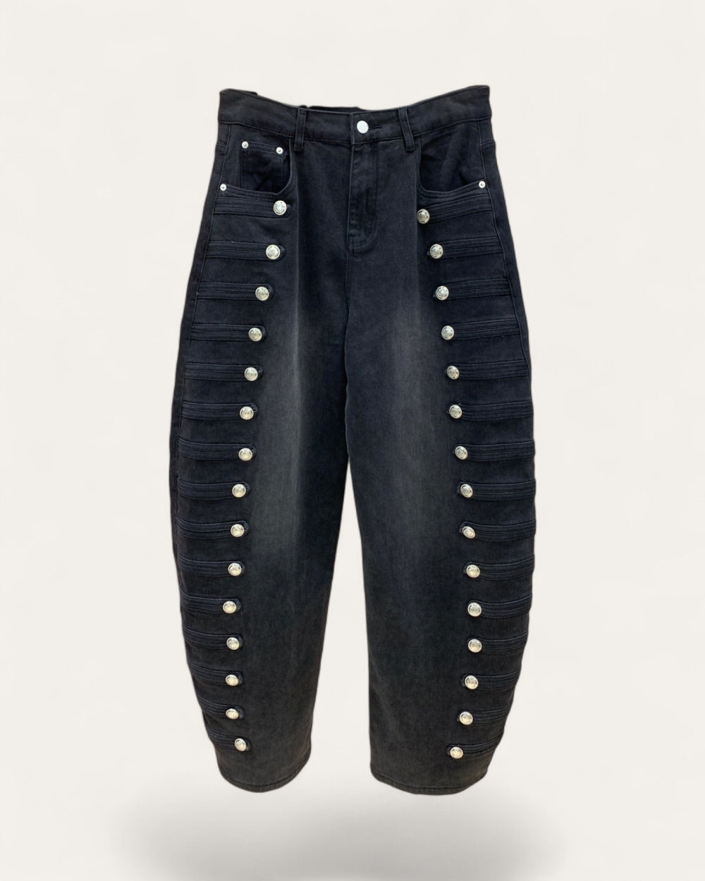 Military Button Trim Barrel Leg Denim Jeans - Zilvina