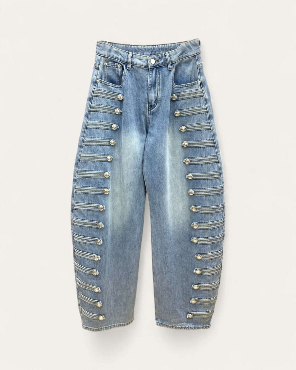 Military Button Trim Barrel Leg Denim Jeans - Zilvina