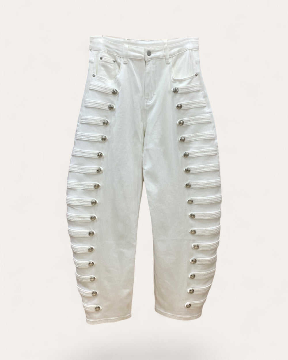 Military Button Trim Barrel Leg Denim Jeans - Zilvina