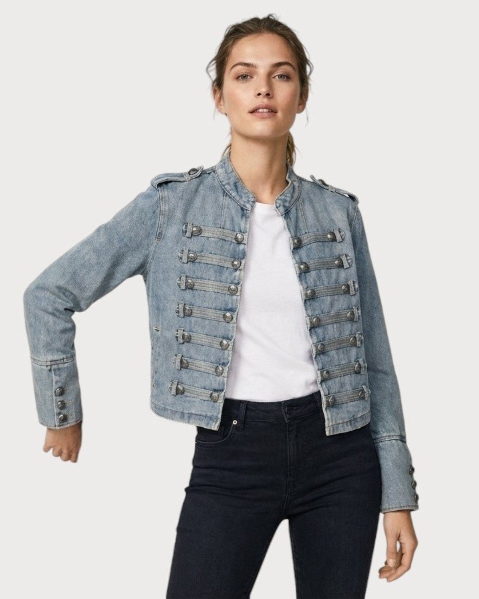 Military Style Denim Jacket - Zilvina