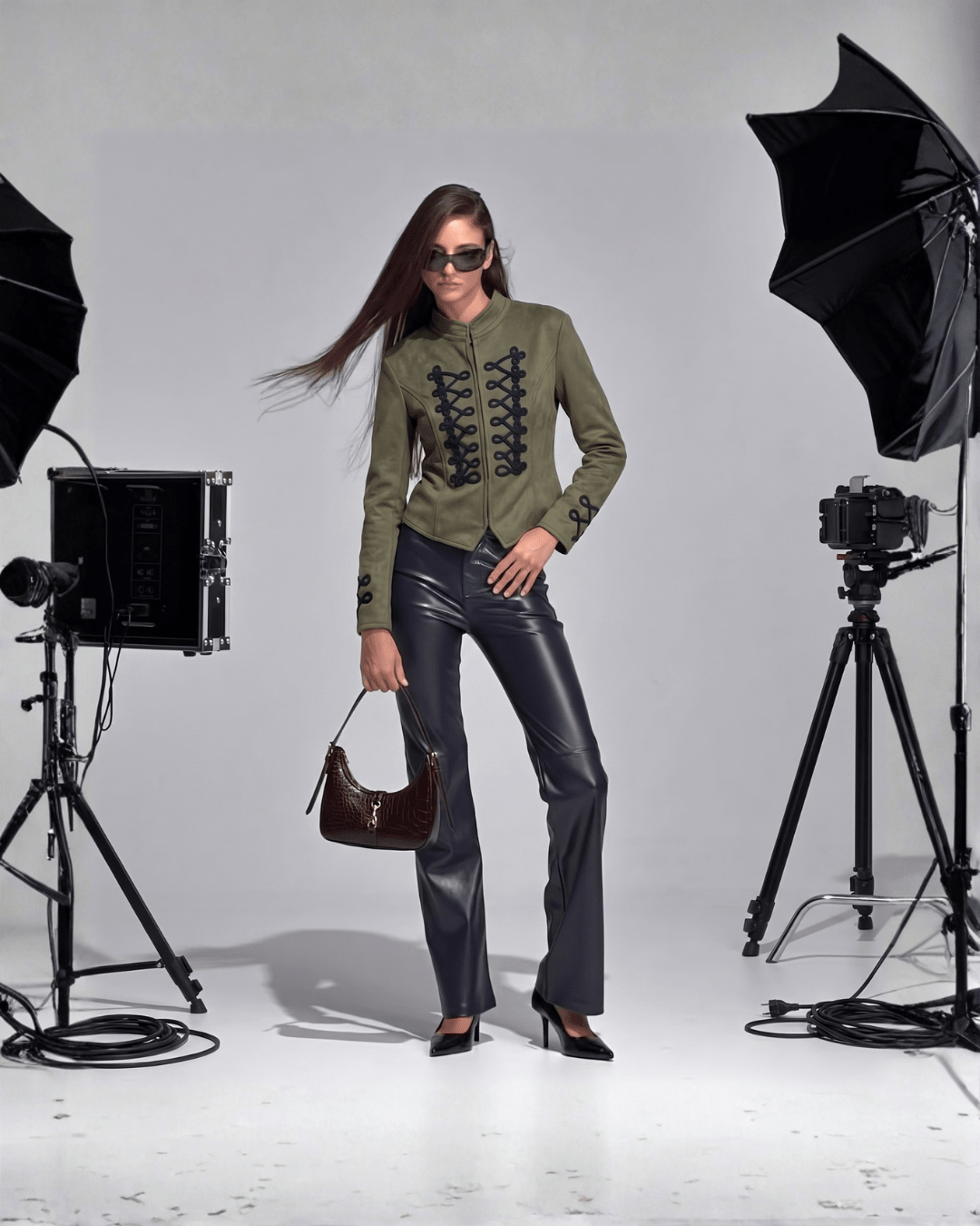 Military Trim Faux Suede Jacket - Zilvina