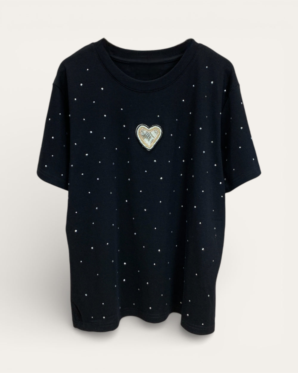 Mini Heart Rhinestone Dot Short Sleeve Tee - Zilvina