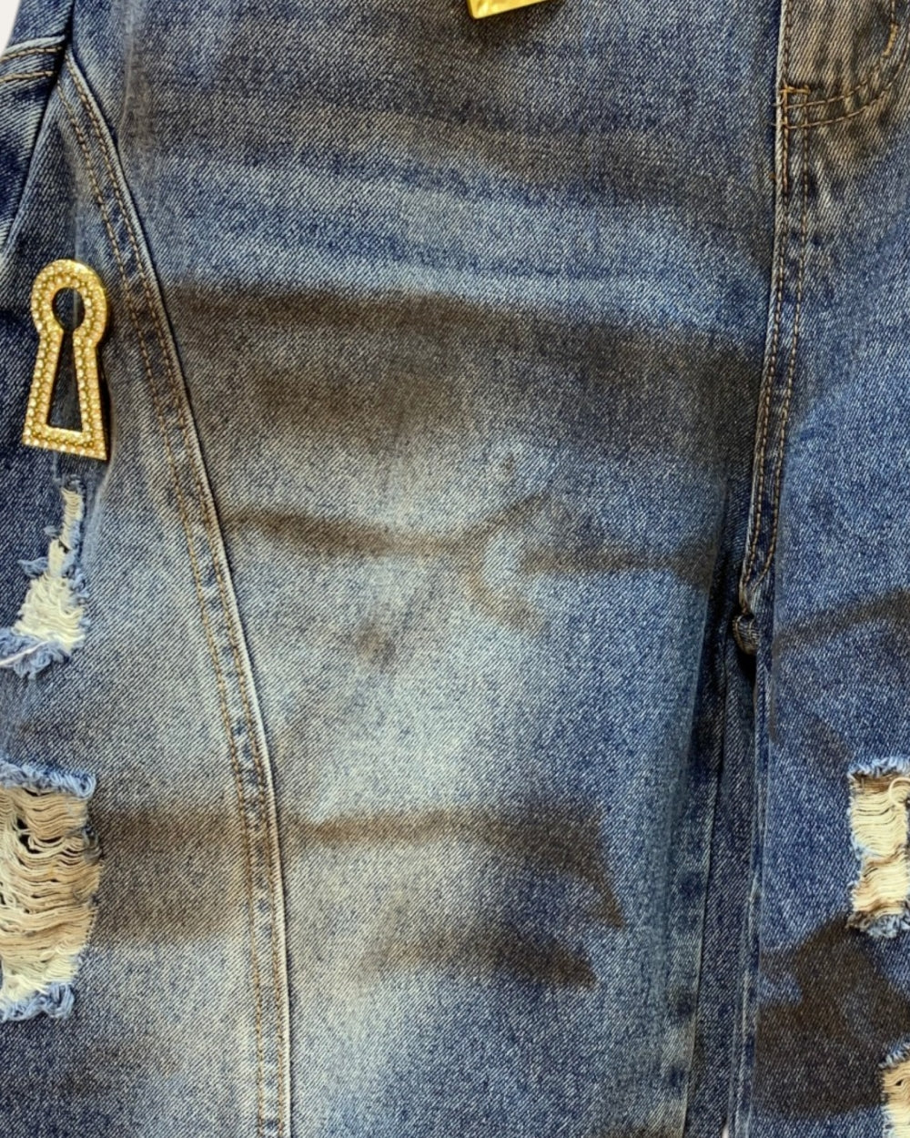 Mystic Eye Distressed Denim Bermuda Shorts - Zilvina