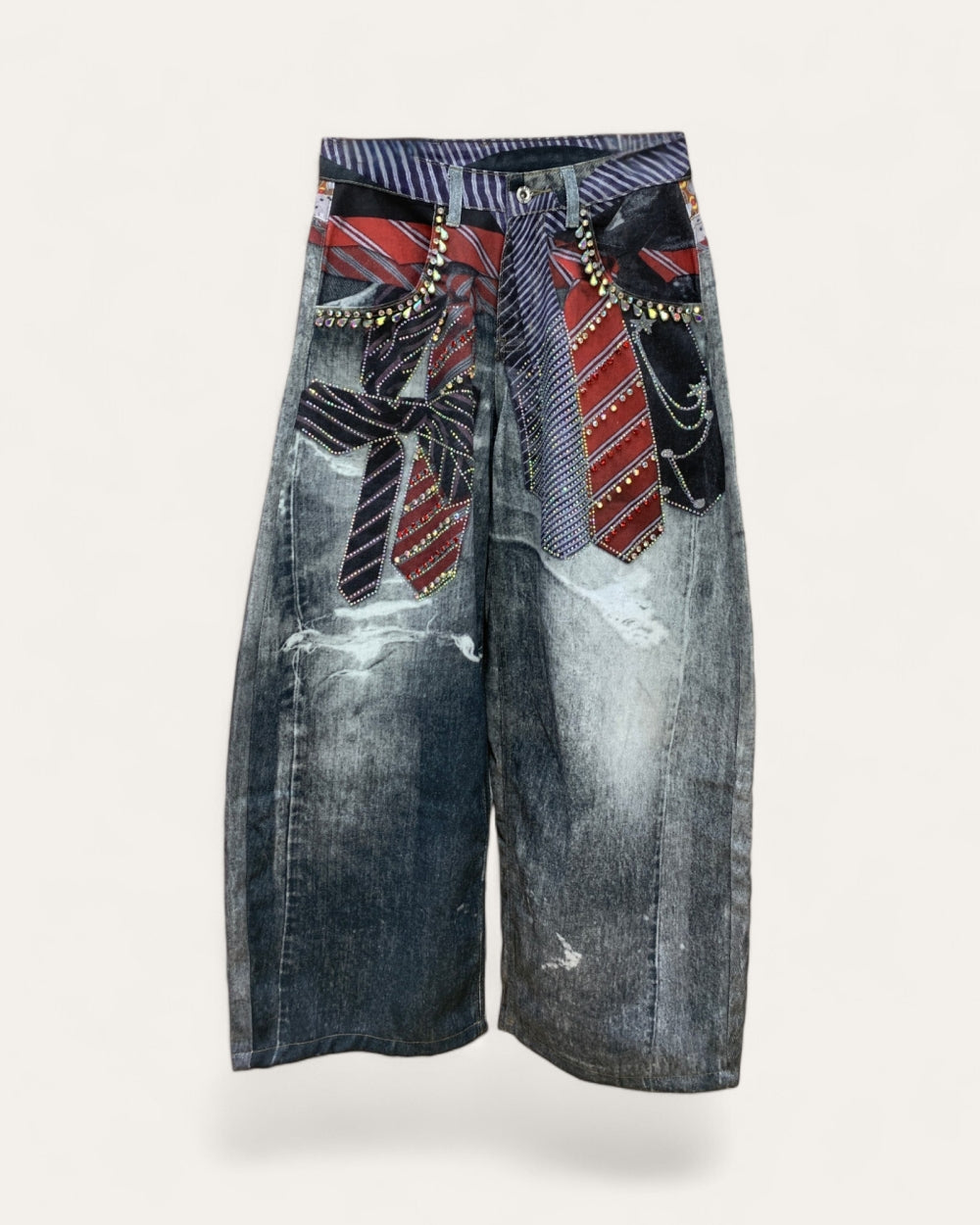 Neck Tie Embellished Wide Leg Jeans - Zilvina