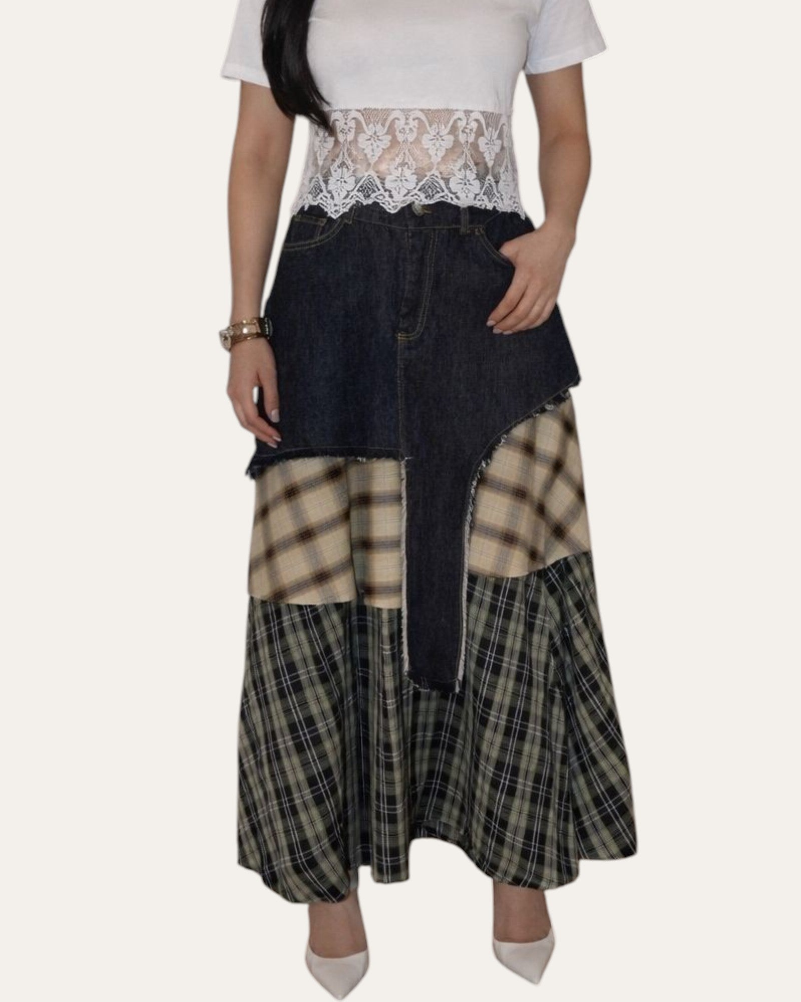 Patchwork Plaid Denim Layered Midi Skirt - Zilvina
