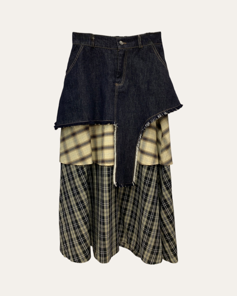 Patchwork Plaid Denim Layered Midi Skirt - Zilvina