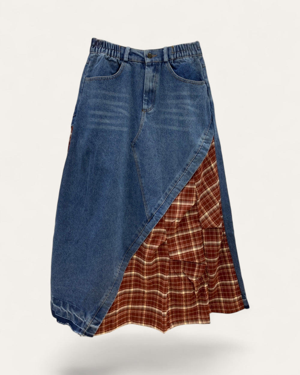 Patchwork Plaid Denim Midi Skirt - Zilvina