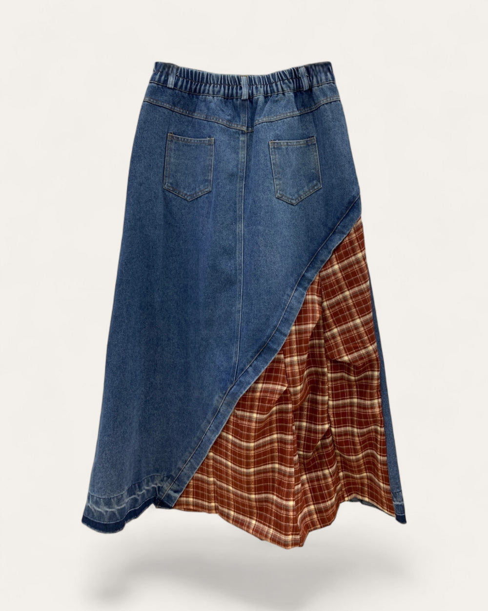 Patchwork Plaid Denim Midi Skirt - Zilvina
