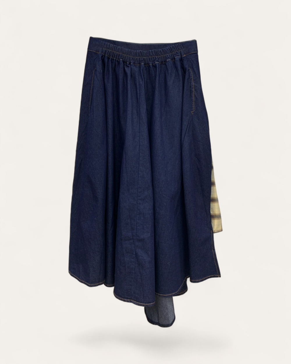 Patchwork Plaid Panel Denim Midi Skirt - Zilvina