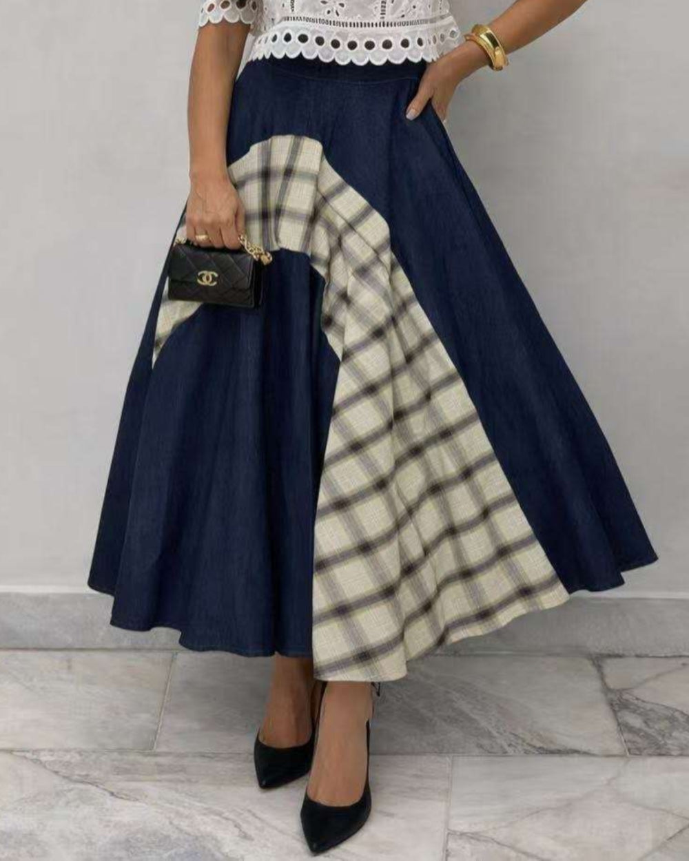 Patchwork Plaid Panel Denim Midi Skirt - Zilvina