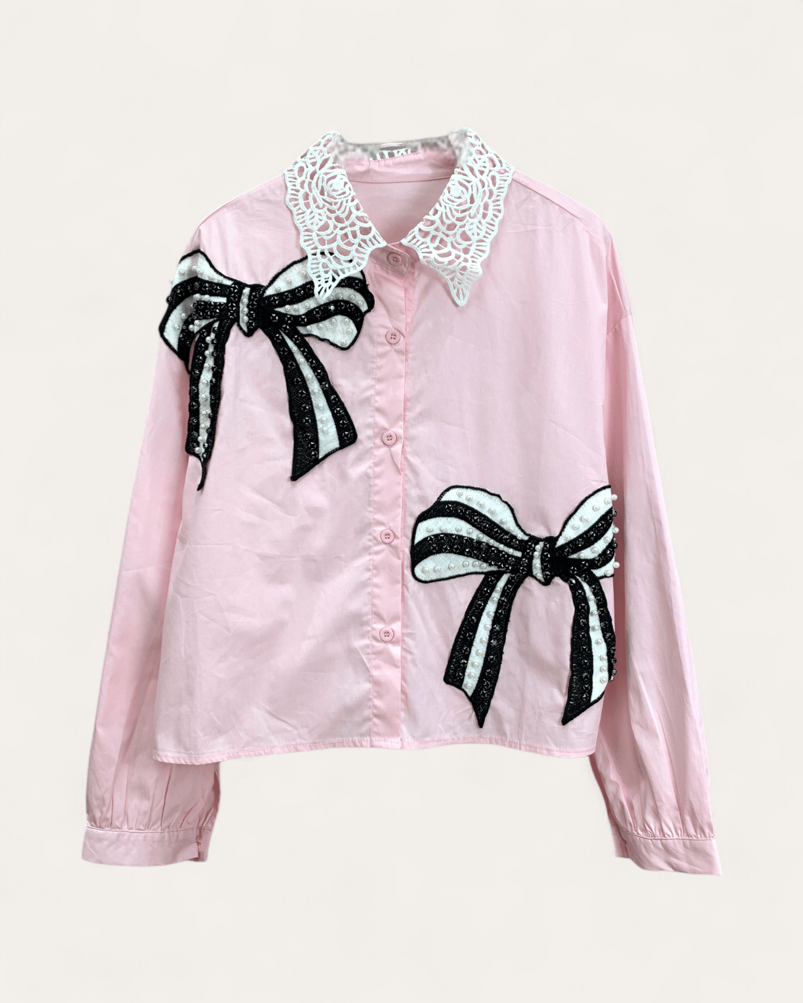 Pearl Bow & Lace Collar Blouse - Zilvina