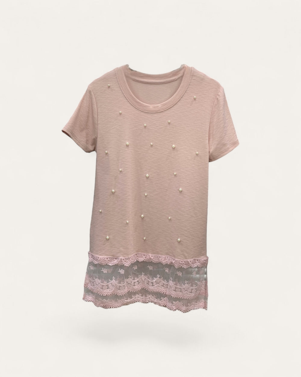 Pearl Detail Lace Hem Tee - Zilvina