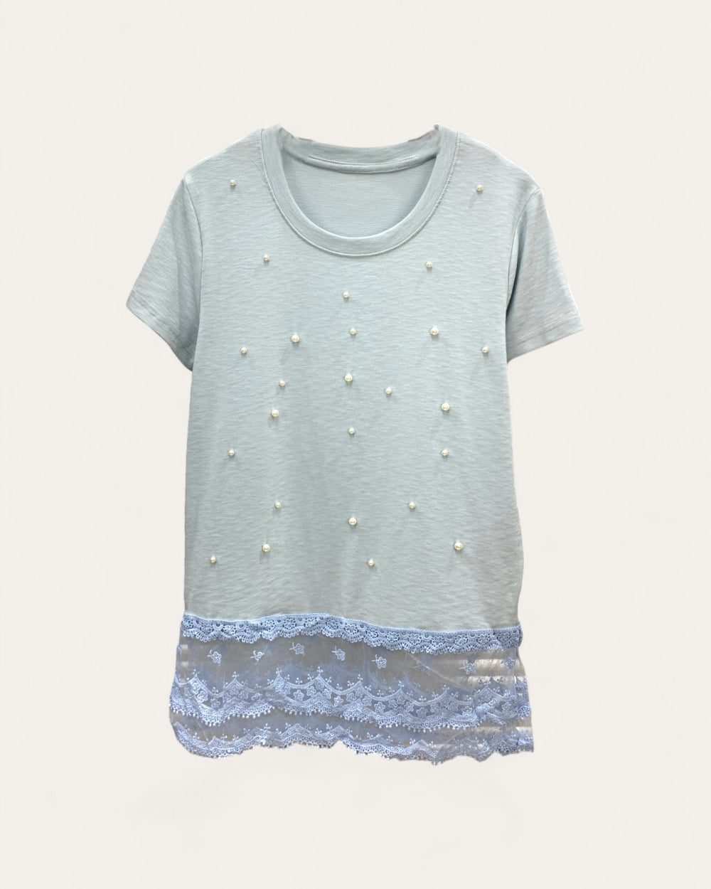 Pearl Detail Lace Hem Tee - Zilvina