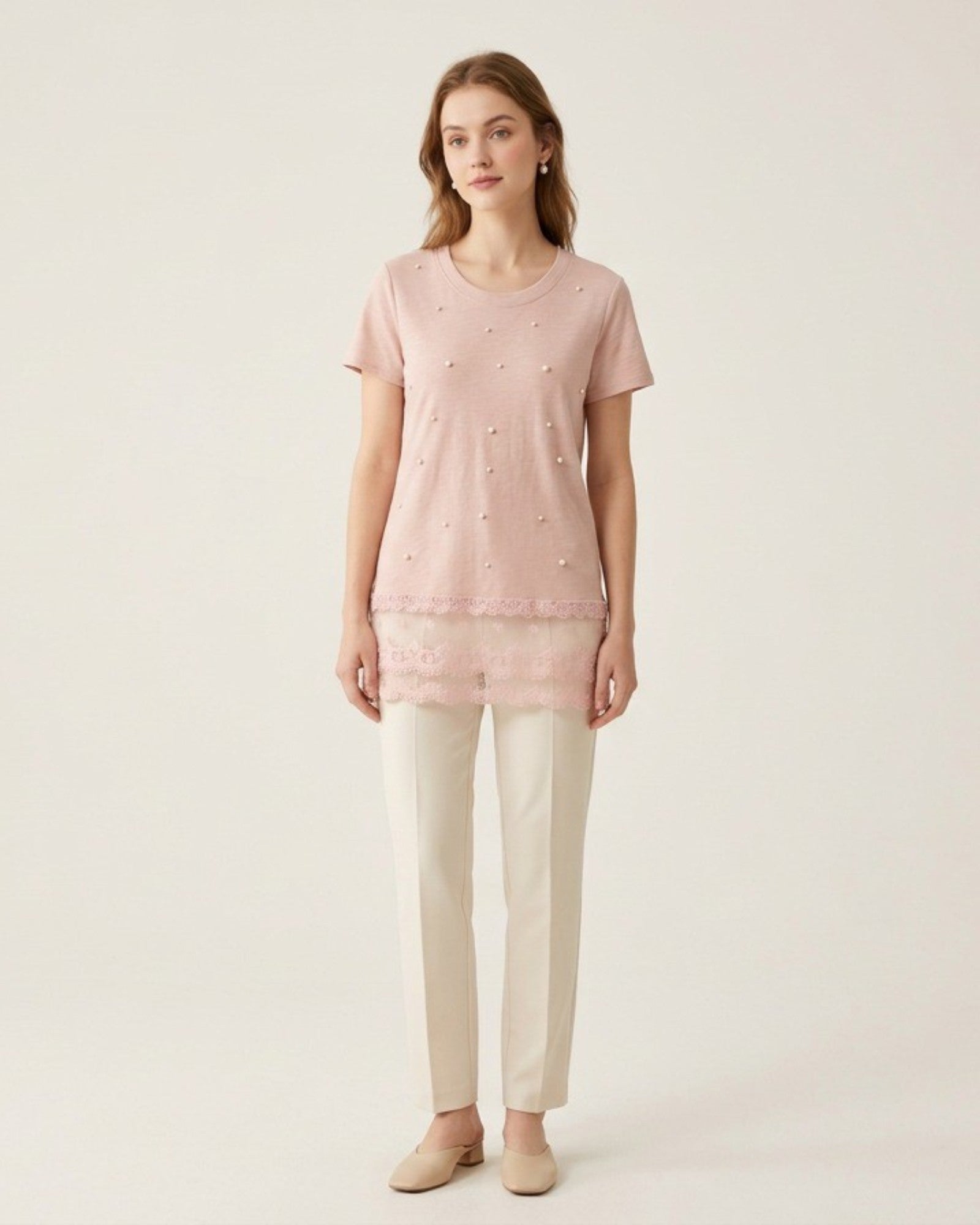 Pearl Detail Lace Hem Tee - Zilvina