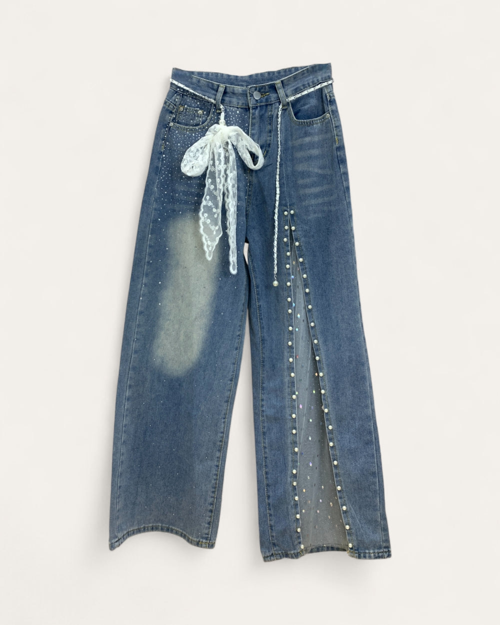 Pearl & Mesh Panel Wide Leg Jeans - Zilvina