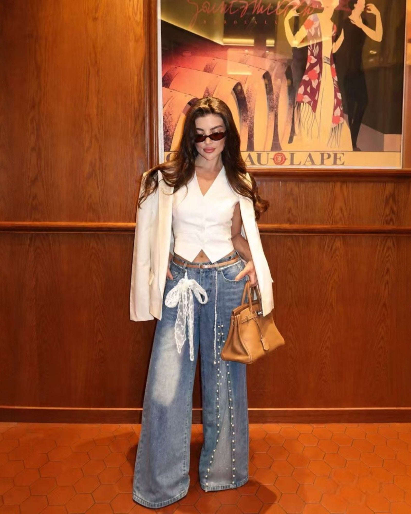 Pearl & Mesh Panel Wide Leg Jeans - Zilvina
