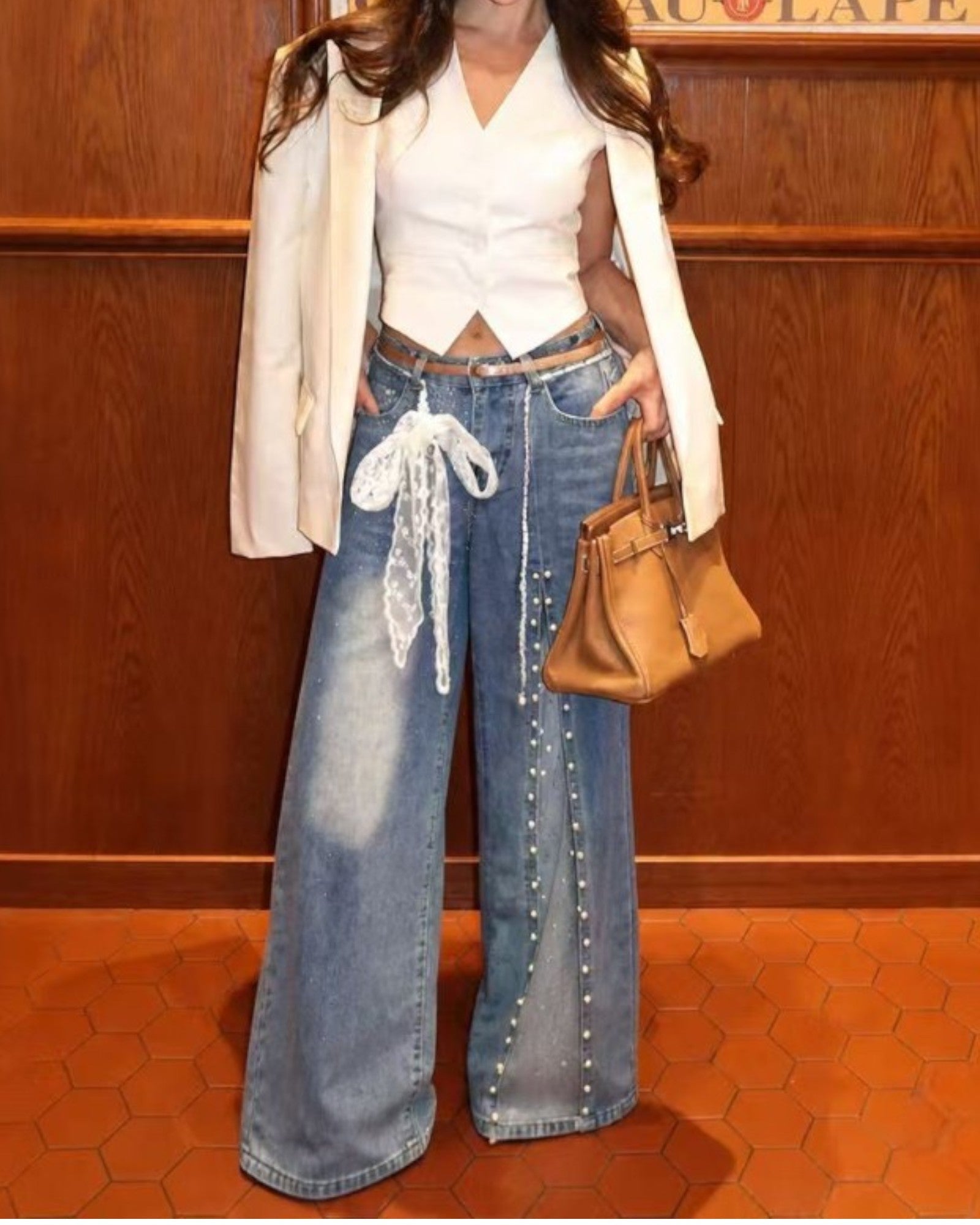 Pearl & Mesh Panel Wide Leg Jeans - Zilvina
