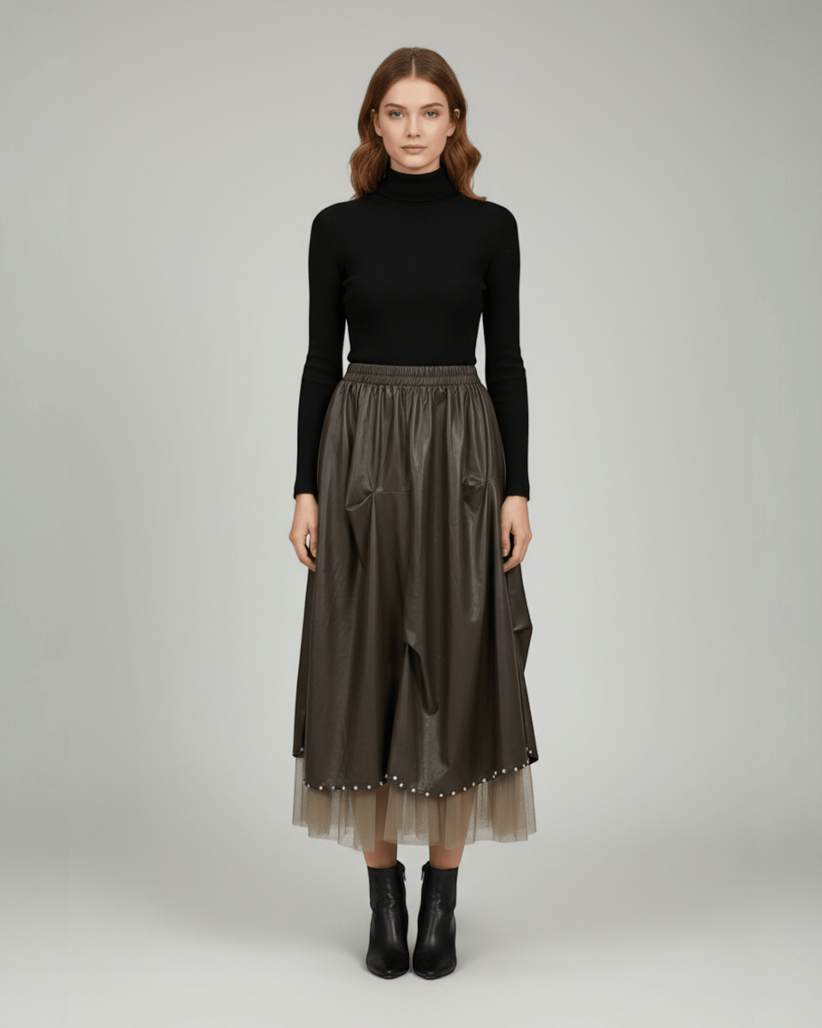 Pearl - Trim Tulle - Hem Faux Leather Skirt - Zilvina