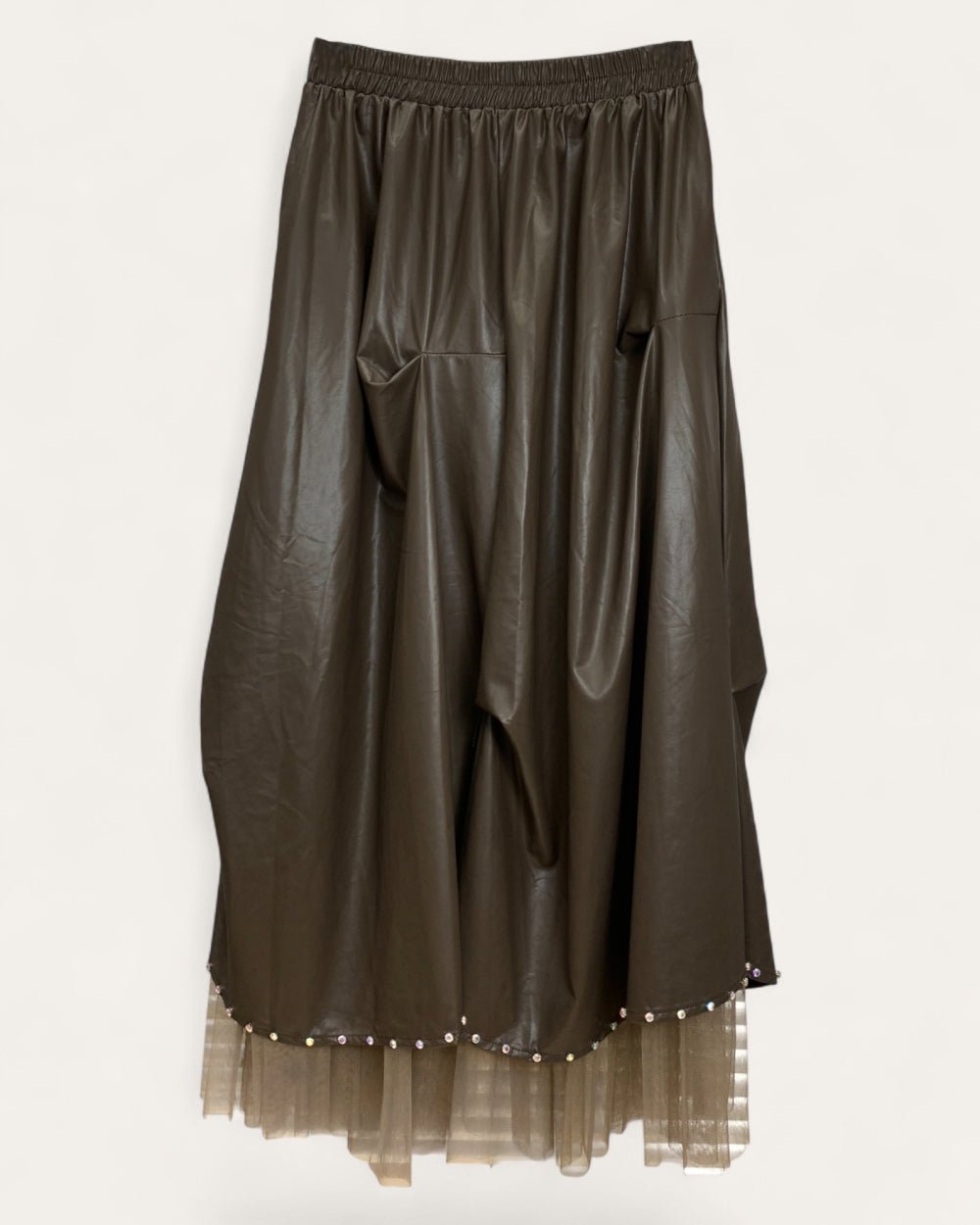Pearl - Trim Tulle - Hem Faux Leather Skirt - Zilvina