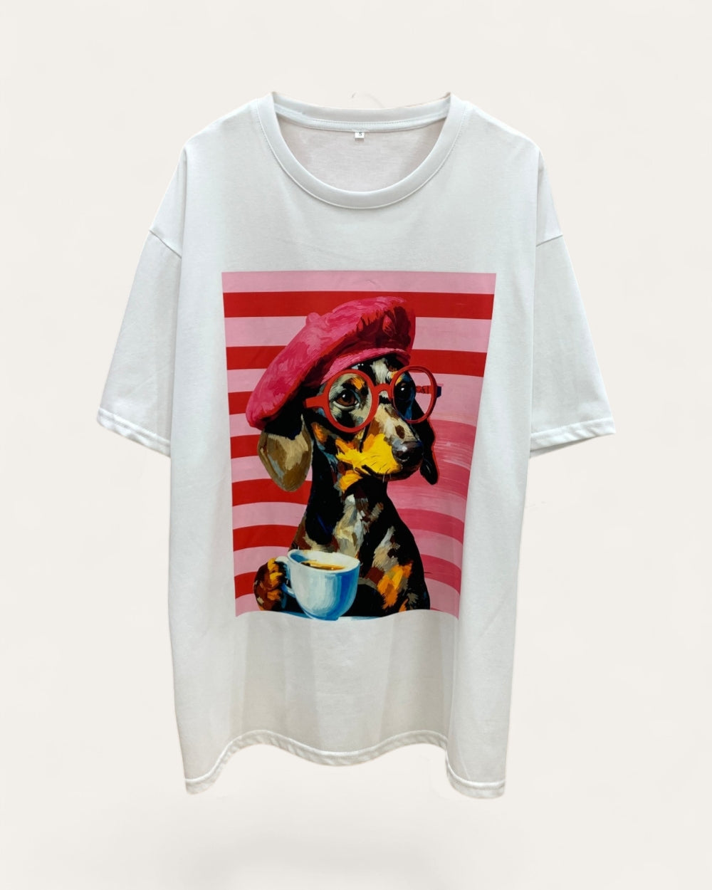 Pink Beret Coffee Dog Graphic Tee - Zilvina