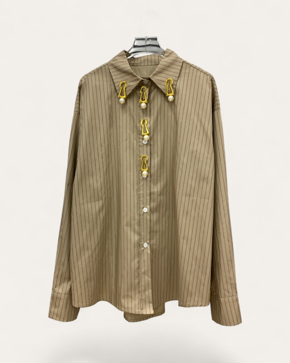 Pinstripe Shirt with Statement Brooch - Zilvina