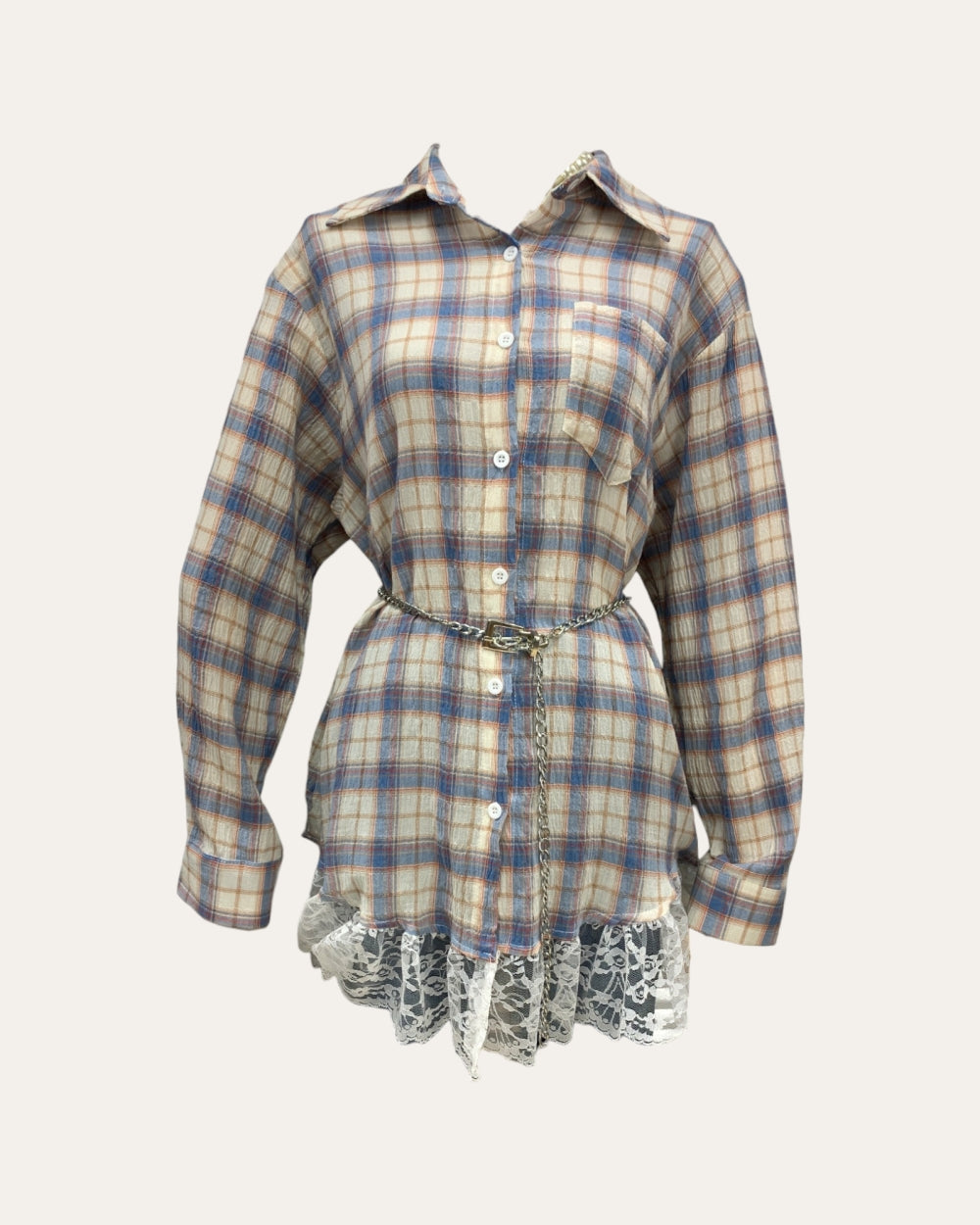 Plaid Lace Hem Belted Shirt Top - Zilvina