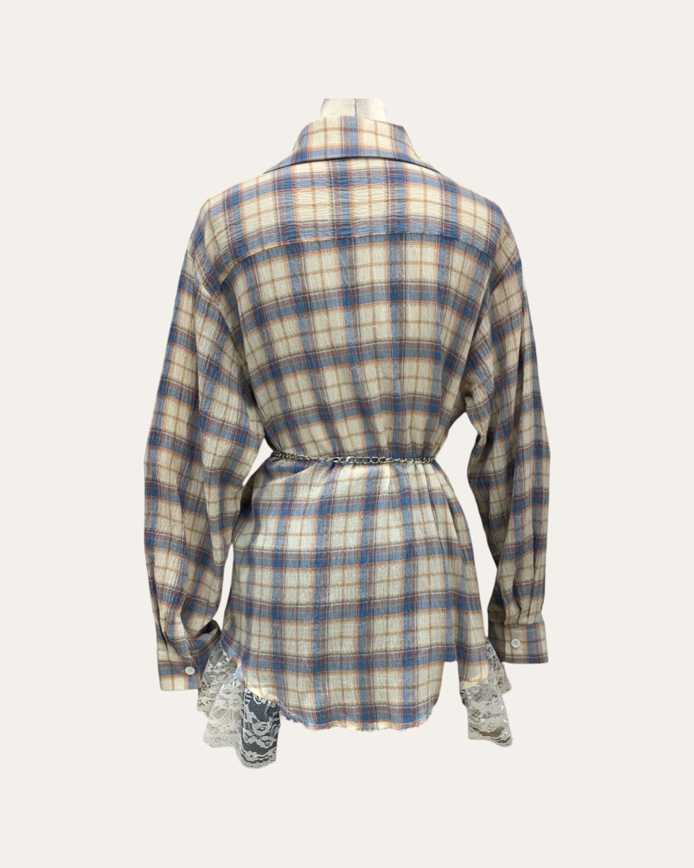 Plaid Lace Hem Belted Shirt Top - Zilvina