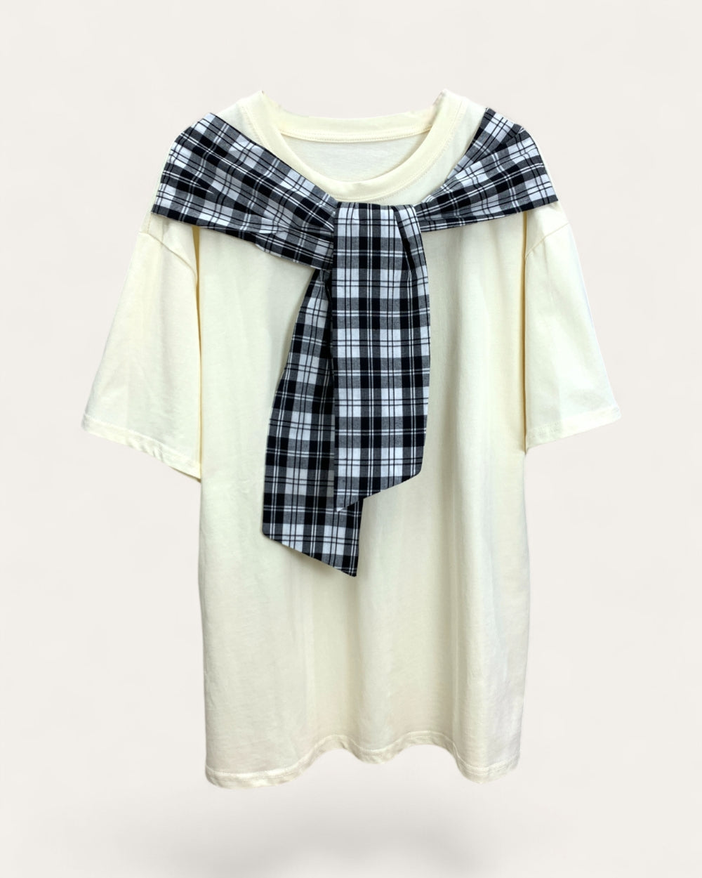 Plaid Scarf - Detail Short Sleeve Tee Graphic Fashion Tee - Zilvina