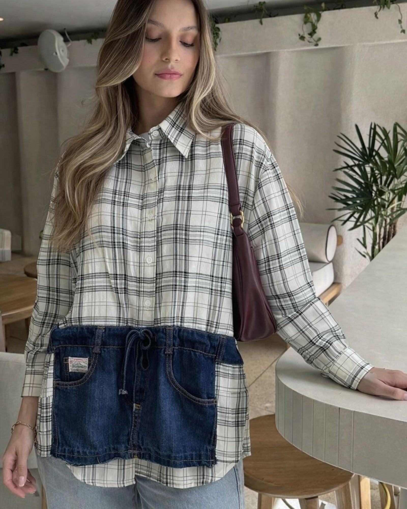 Plaid Shirt with Denim Pocket Panel - Zilvina