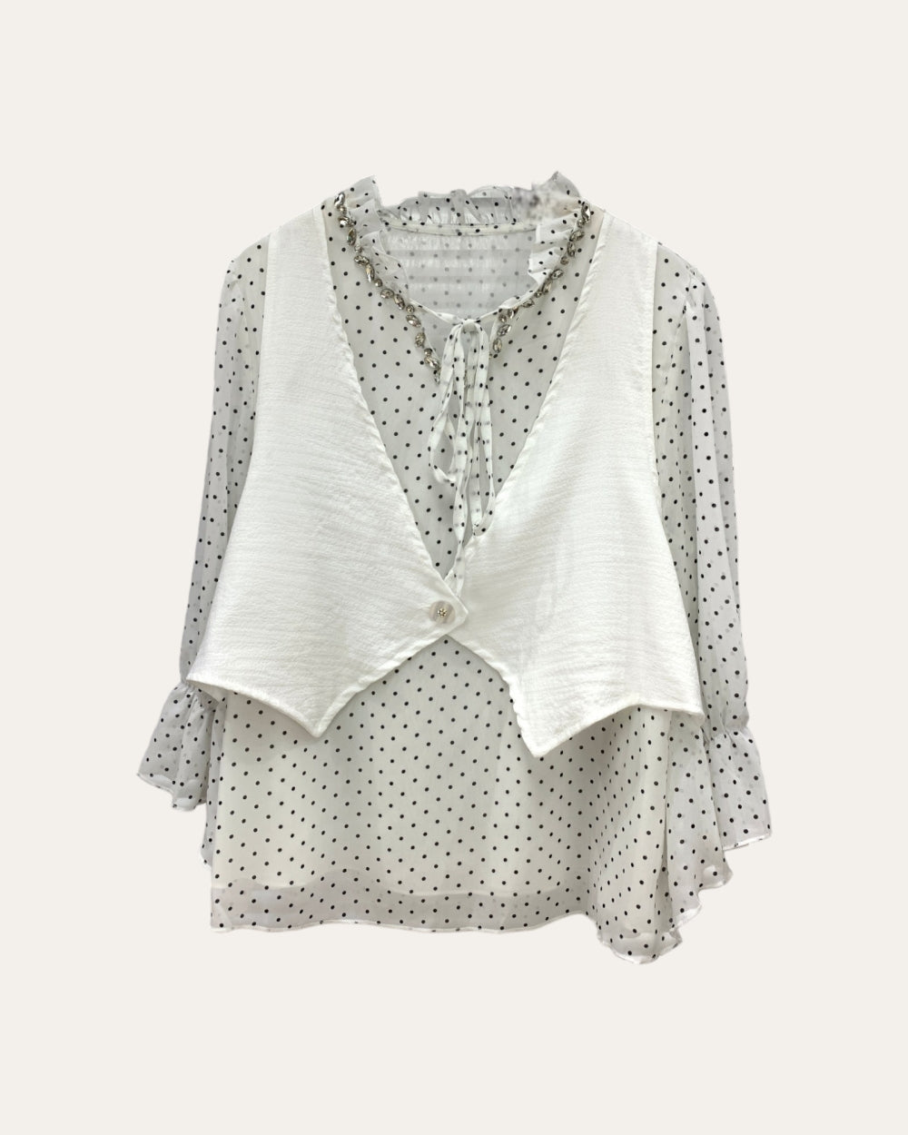Polka Dot Chiffon Blouse with Cropped Vest - Zilvina