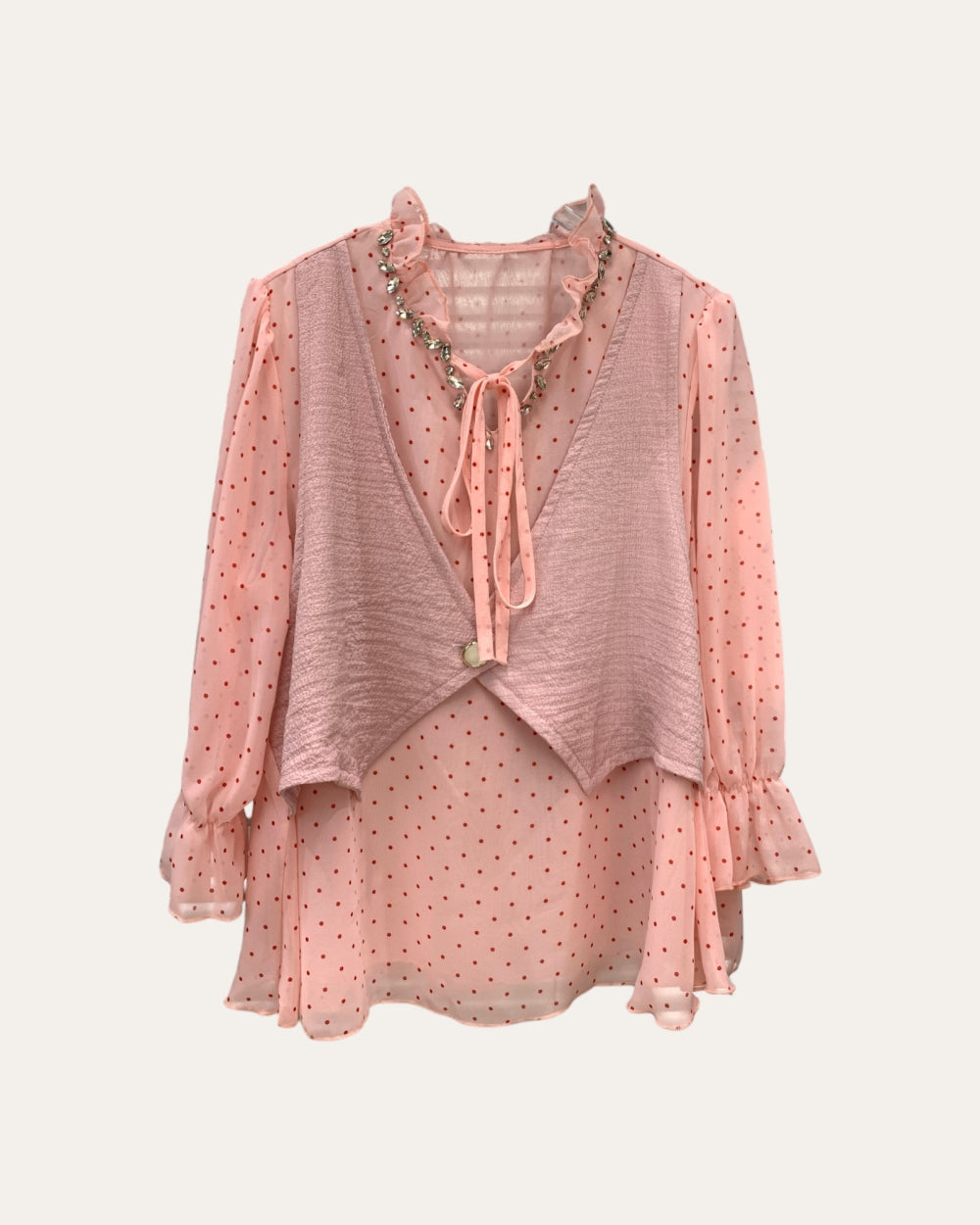 Polka Dot Chiffon Blouse with Cropped Vest - Zilvina