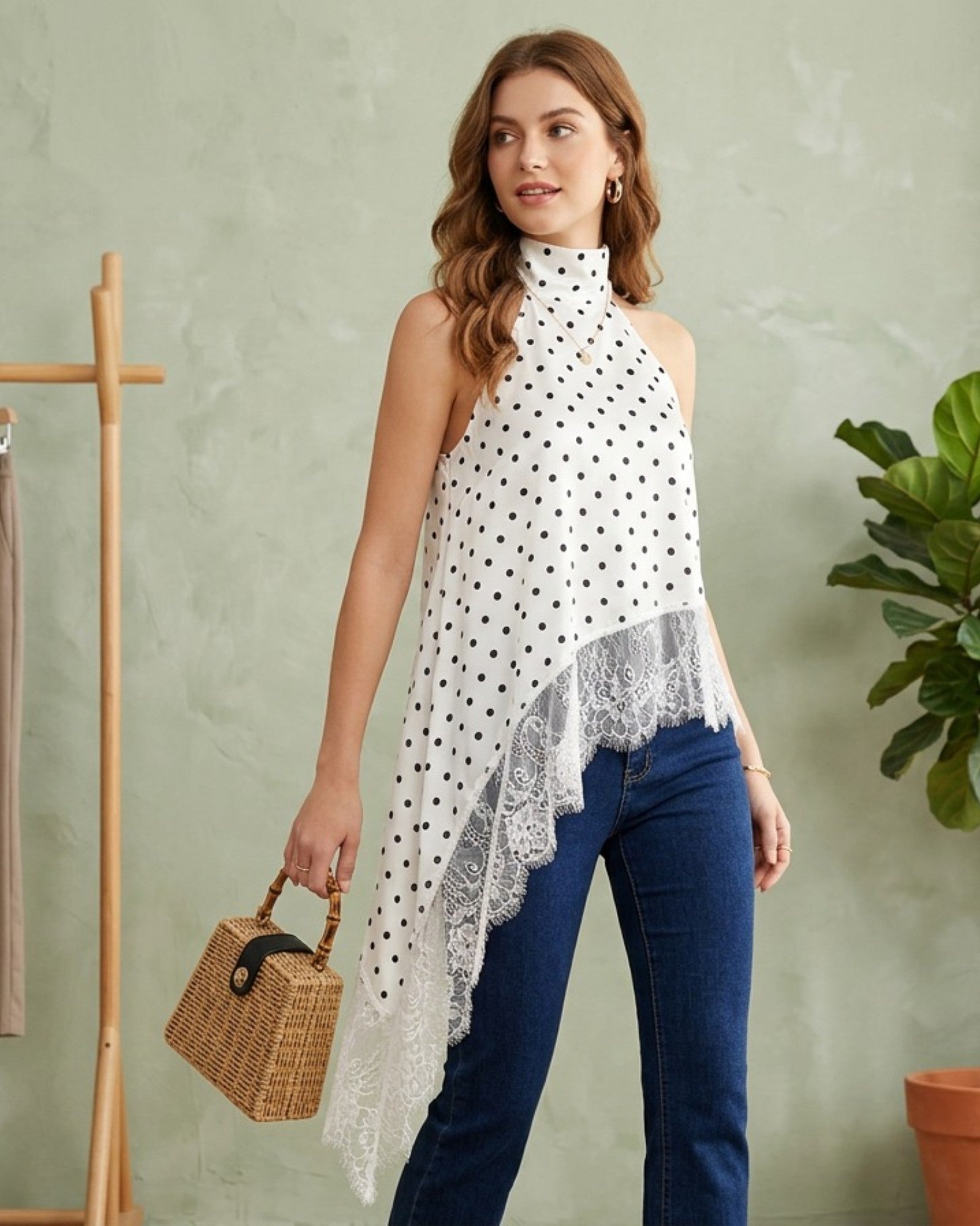 Polka Dot Halter Lace Asymmetric Top - Zilvina