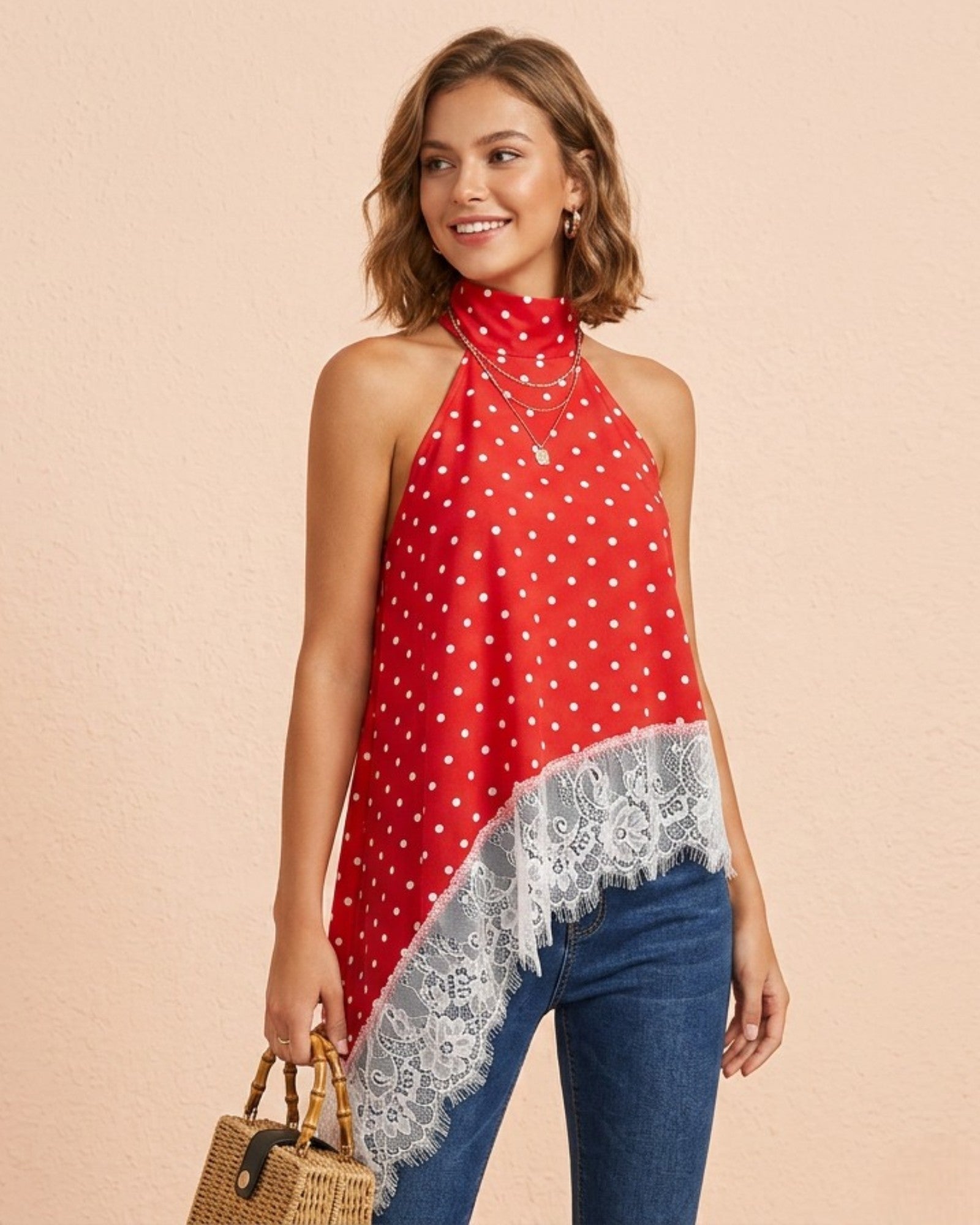 Polka Dot Halter Lace Asymmetric Top - Zilvina