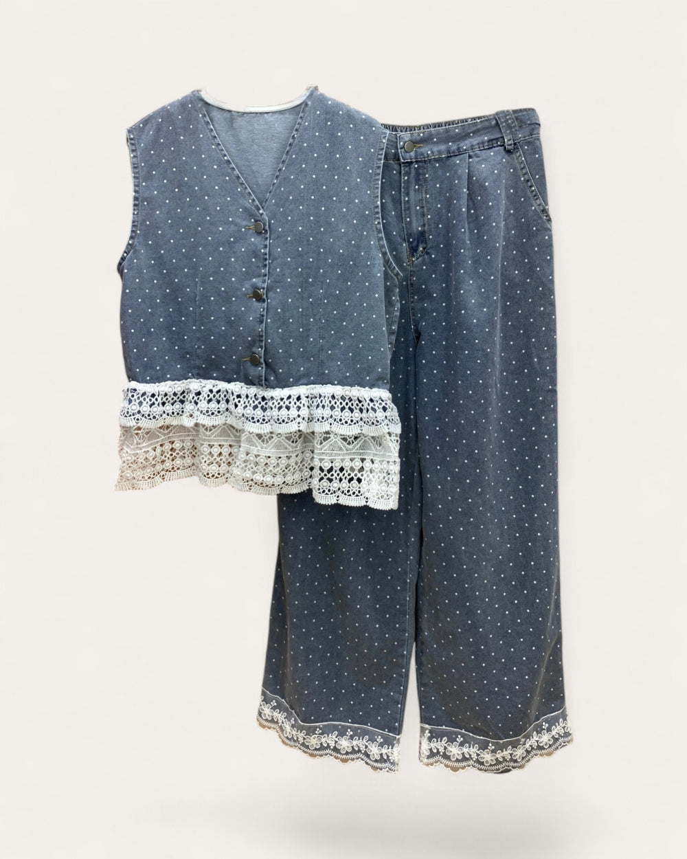 Polka Dot Lace Denim Vest & Pants Set - Zilvina